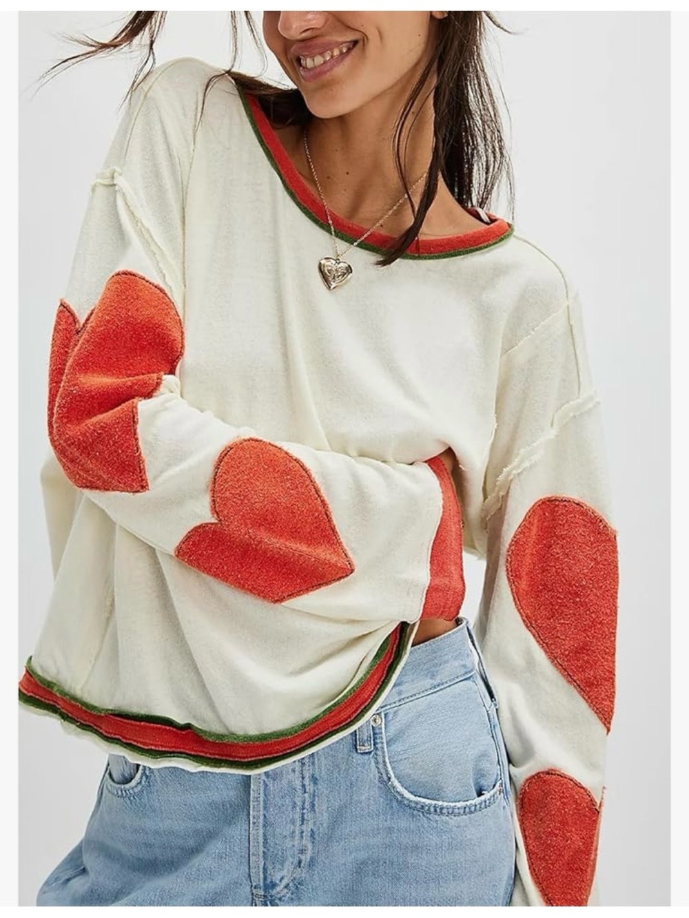 Cream Sweatshirt with Red Heart Appliqués